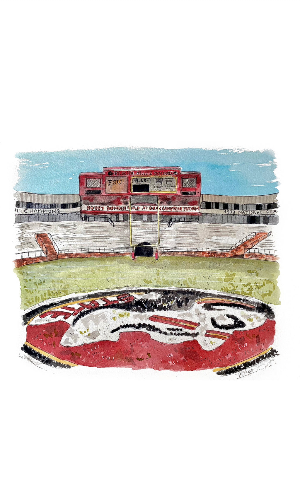 Florida State University- Bobby Bowden Field at Doak Campbell Stadium Watercolor Art